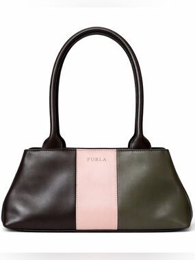 Vintage Furla Leather Shoulder Baguette Bag • Brown Pink Khaki Colorblock